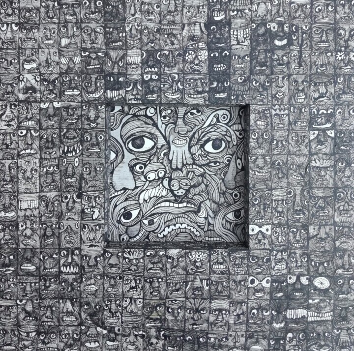 Dessin intitulée "autoportrait gris" par Eric Demelis, Œuvre d'art originale, Encre
