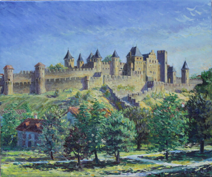 Peinture intitulée "Carcassonne : vue s…" par Eric Ivan Bertrand, Œuvre d'art originale, Huile