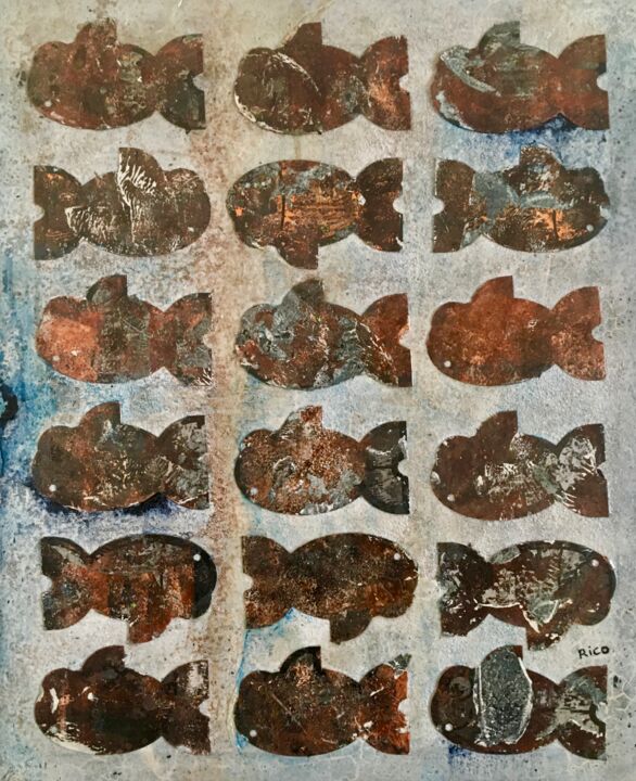 Pittura intitolato "18 poissons - art b…" da Eric Leroy (Rico), Opera d'arte originale, Acrilico Montato su Telaio per barel…