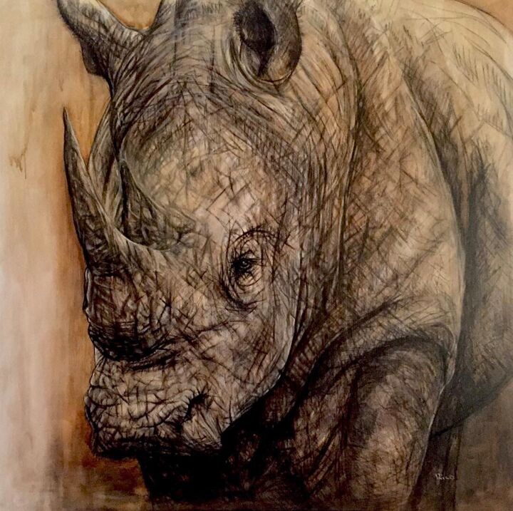 Painting titled "Rhinocéros #5 - ani…" by Eric Leroy (Rico), Original Artwork, Pastel