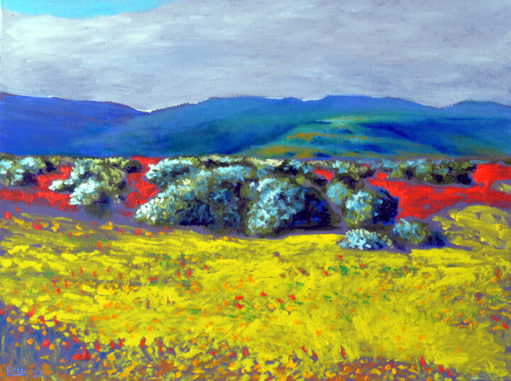 Painting titled "Sage, Poppies, and…" by Eric Matranga, Original Artwork, Oil Mounted on Wood Stretcher frame