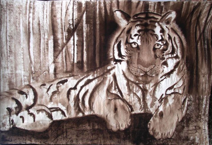 Peinture intitulée "tigre-sur-drap de l…" par Éric Plateau, Œuvre d'art originale