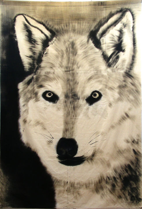 Painting titled "loup-290x190" by Éric Plateau, Original Artwork, Ink