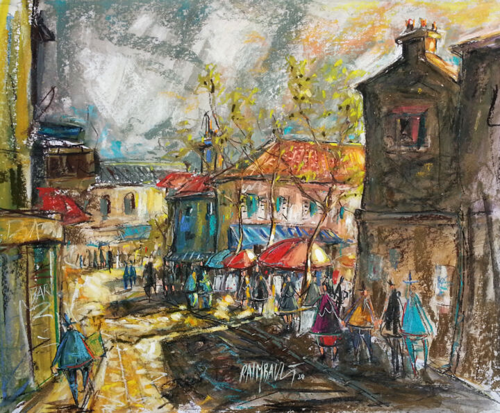 Peinture intitulée "La place du Tertre…" par Eric Raimbault, Œuvre d'art originale, Pastel Monté sur Carton
