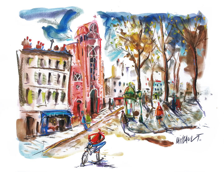 Painting titled "La place des Abbess…" by Eric Raimbault, Original Artwork, Watercolor Mounted on Cardboard