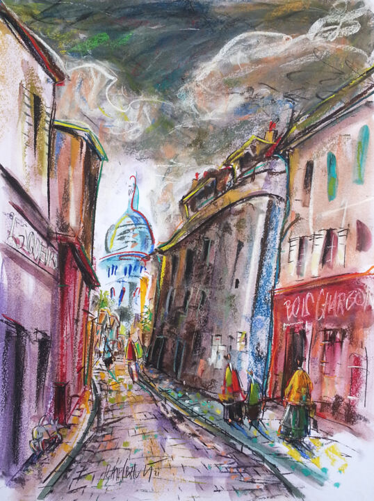 Malarstwo zatytułowany „La Rue Saint-Rustiq…” autorstwa Eric Raimbault, Oryginalna praca, Akwarela Zamontowany na Karton