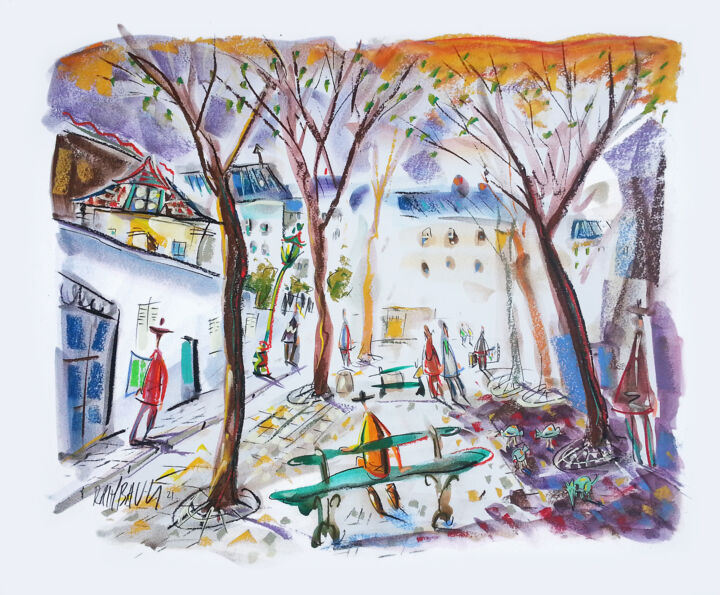Painting titled "Place Émile Goudeau…" by Eric Raimbault, Original Artwork, Watercolor Mounted on Cardboard