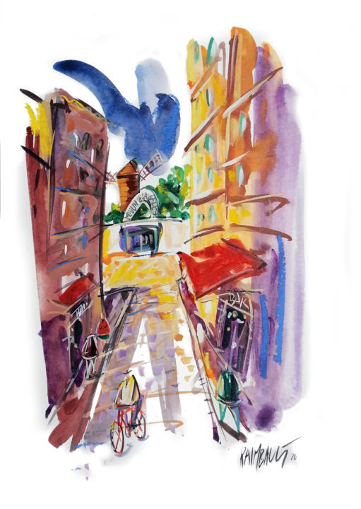 Malerei mit dem Titel "Rue Tholozé - Montm…" von Eric Raimbault, Original-Kunstwerk, Aquarell