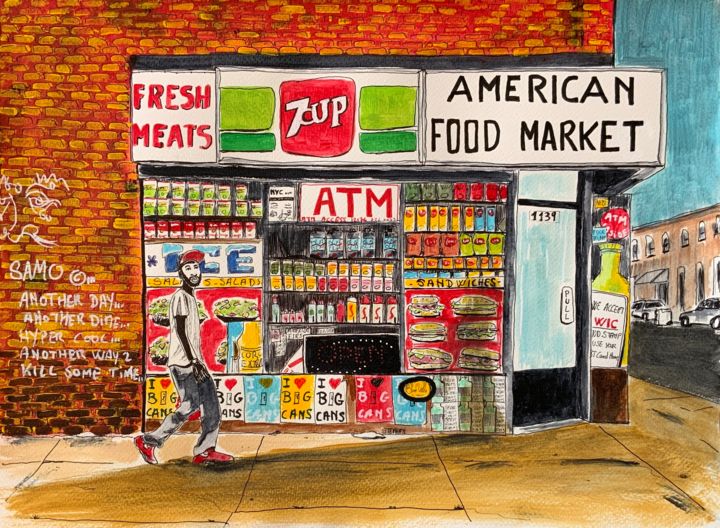 Malerei mit dem Titel "American food market" von Eric Stephan, Original-Kunstwerk, Acryl