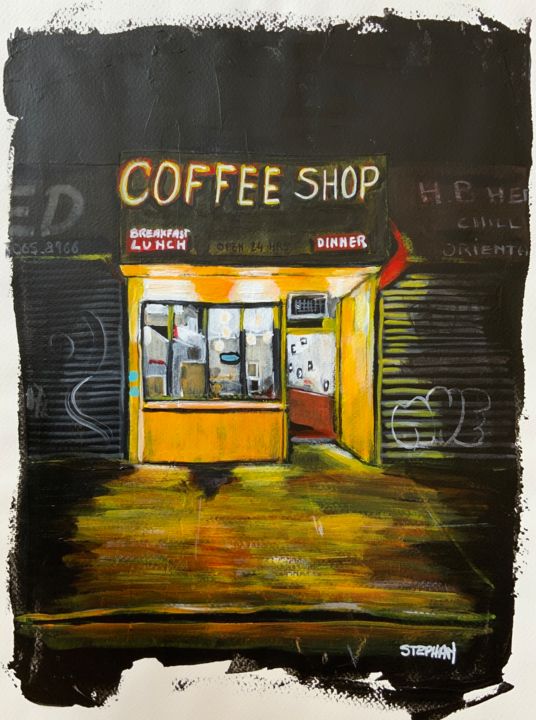Painting titled "Coffee shop" by Eric Stephan, Original Art, Acrylic