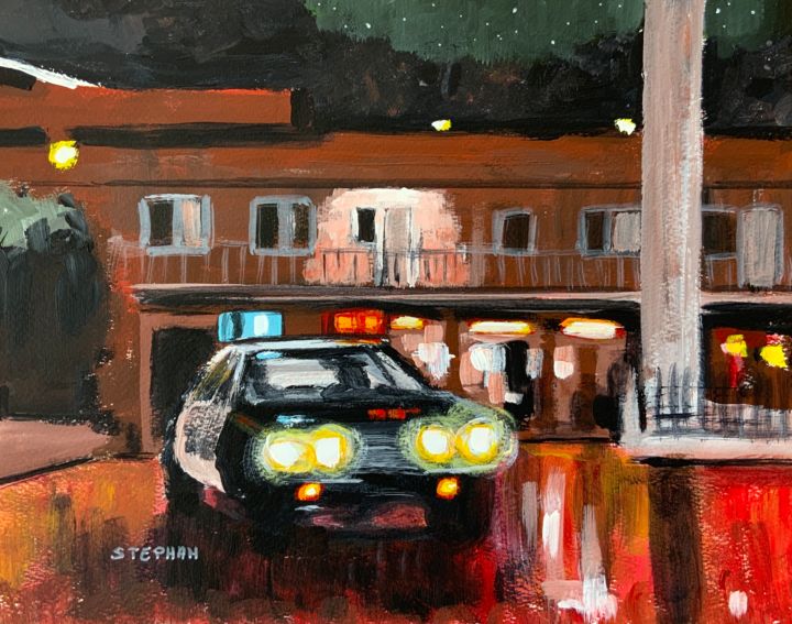 Malerei mit dem Titel "Motel 1977" von Eric Stephan, Original-Kunstwerk, Acryl