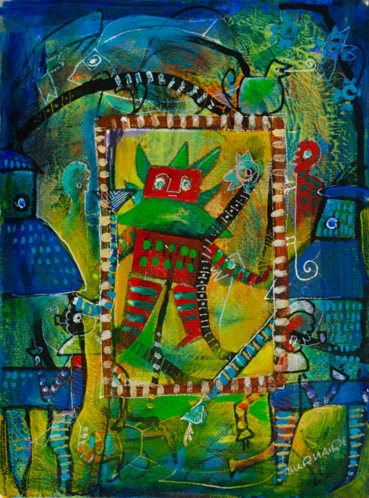 Malerei mit dem Titel "Daureu vert et rouge" von Eric Tournaire, Original-Kunstwerk, Acryl