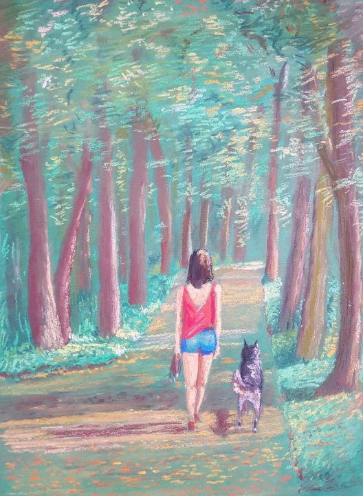 Dessin intitulée "Promenade en forêt" par Eric Audry, Œuvre d'art originale, Pastel