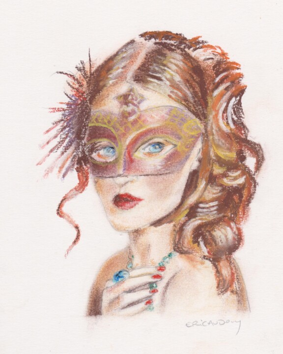 Dessin intitulée "Femme au masque d'or" par Eric Audry, Œuvre d'art originale, Pastel