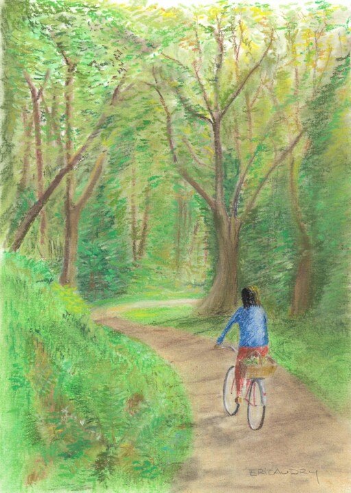 Рисунок под названием "A bicyclette dans l…" - Eric Audry, Подлинное произведение искусства, Пастель