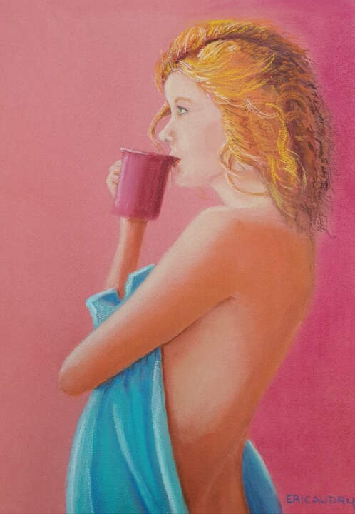 Drawing titled "Le café du matin" by Eric Audry, Original Artwork, Pastel