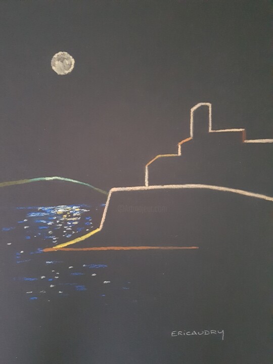 Dessin intitulée "Pleine lune sur les…" par Eric Audry, Œuvre d'art originale, Pastel