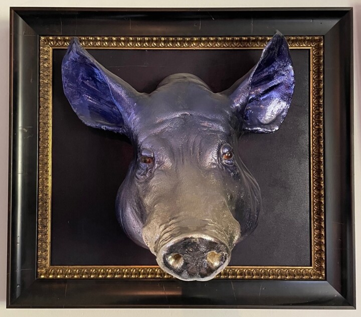 雕塑 标题为“Metallic Pig” 由Eric Mellerio, 原创艺术品, 树脂 安装在木质担架架上