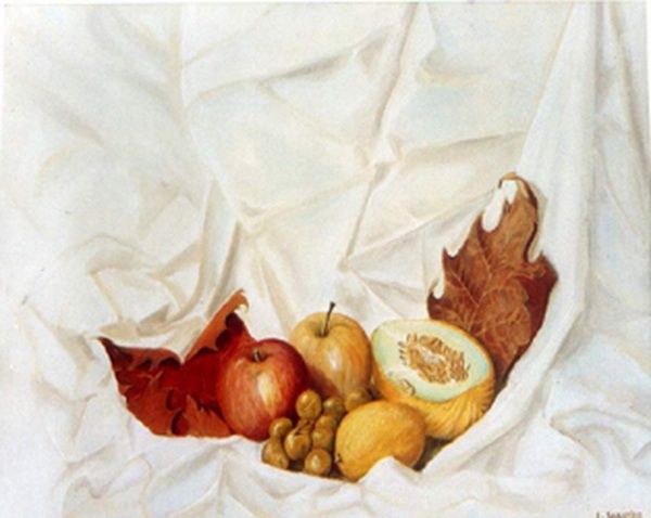Painting titled "fruis sur toile bla…" by Eric Sabatier, Original Artwork, Oil