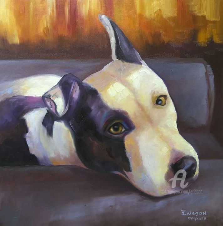 Painting titled "le chien se repose…" by Ericson, Original Artwork, Oil