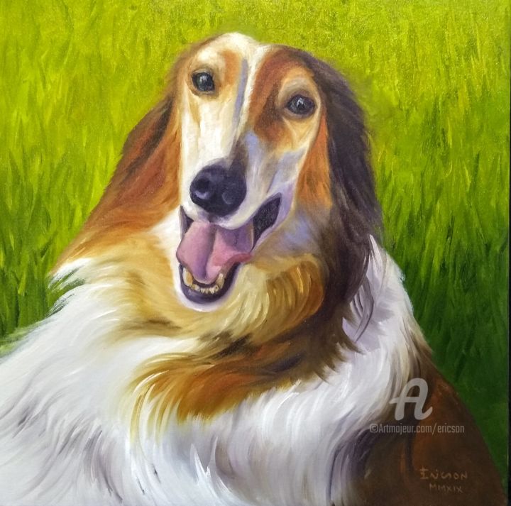 Painting titled "Borzoi on the wheat…" by Ericson, Original Artwork, Oil