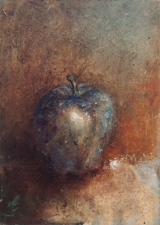 Painting titled "The Blue Apple" by Erika Von Gaal, Original Artwork, Oil Mounted on Cardboard