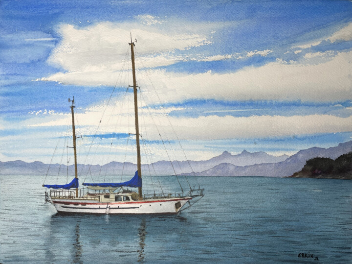 Painting titled "Sailboat-3" by Erkin Yılmaz, Original Artwork, Watercolor