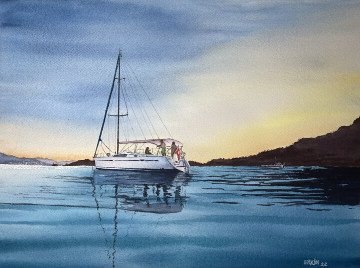 Painting titled "Sailboat-5" by Erkin Yılmaz, Original Artwork, Watercolor