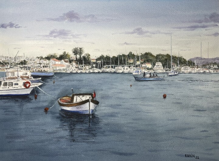 Painting titled "Boat in the Harbor" by Erkin Yılmaz, Original Artwork, Watercolor
