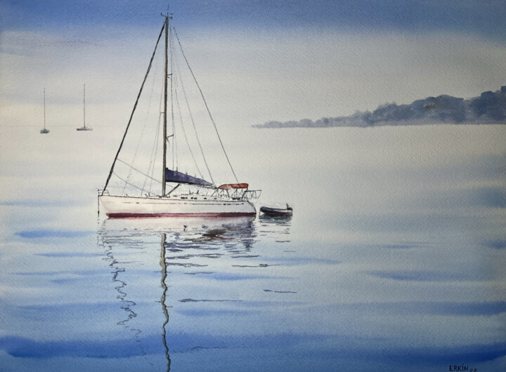 Painting titled "Sailboat-7" by Erkin Yılmaz, Original Artwork, Watercolor