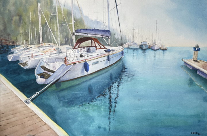 Painting titled "Sailboat-12" by Erkin Yılmaz, Original Artwork, Watercolor