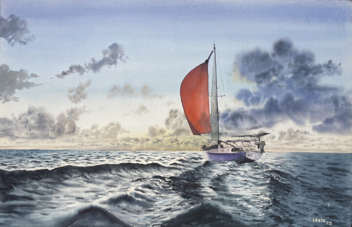 Peinture intitulée "Sailboat-14" par Erkin Yılmaz, Œuvre d'art originale, Aquarelle