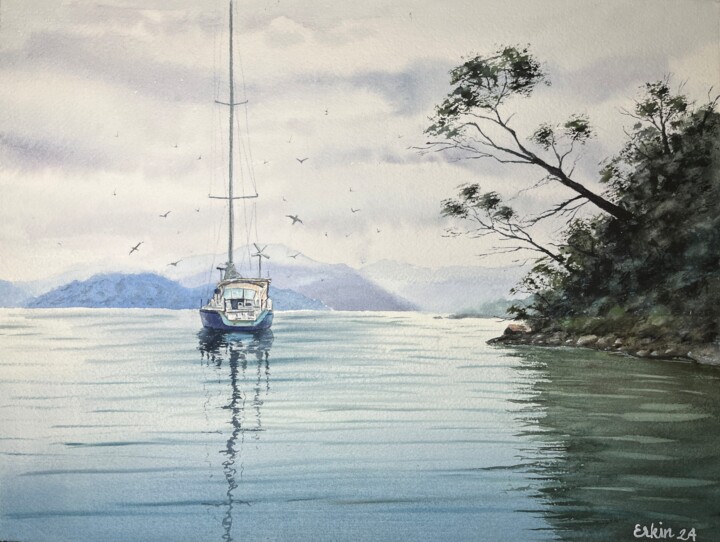 Painting titled "Sailboat and Shore…" by Erkin Yılmaz, Original Artwork, Watercolor