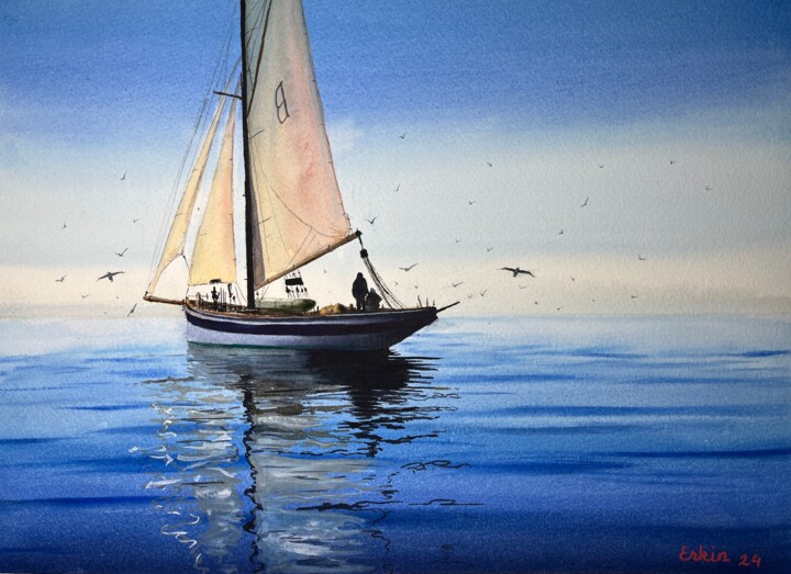Schilderij getiteld "Sailboat on tranqui…" door Erkin Yılmaz, Origineel Kunstwerk, Aquarel