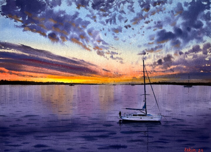 Malerei mit dem Titel "Sunset Seascape Wat…" von Erkin Yılmaz, Original-Kunstwerk, Aquarell