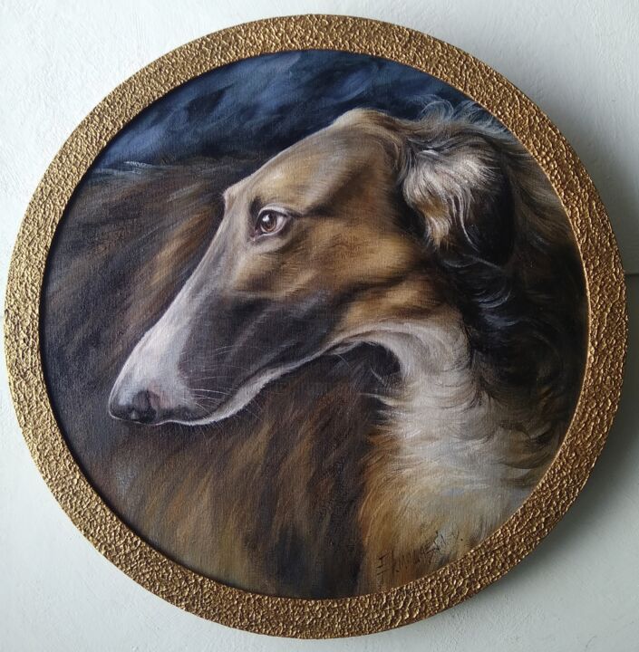 Painting titled "Dark borzoi dog por…" by Olesya Ermolaeva, Original Artwork, Oil