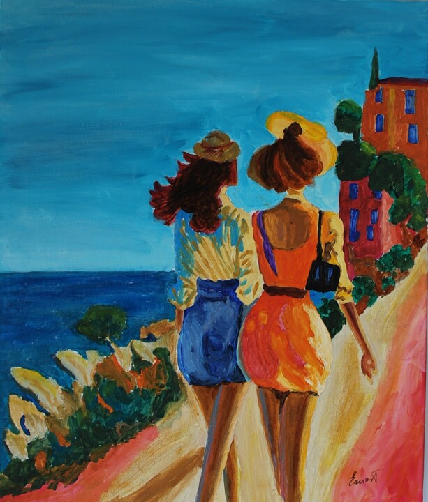 Painting titled "Dos mujeres paseand…" by Ernest Carneado Ferreri, Original Artwork, Acrylic Mounted on Wood Stretcher frame