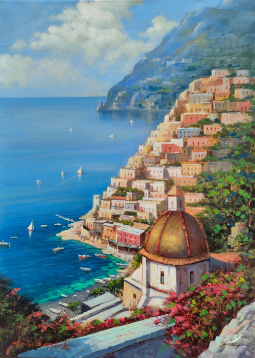 Painting titled "Positano blue sea -…" by Ernesto De Michele, Original Artwork, Oil Mounted on Wood Stretcher frame