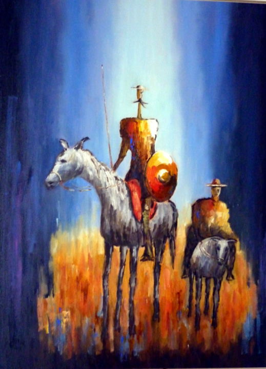 Painting titled "Dom Quixote azul" by Ernesto Duarte, Original Artwork, Oil Mounted on Wood Panel