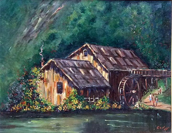 Painting titled "casa-no-lago.jpg" by Ernesto Duarte, Original Artwork, Oil Mounted on Wood Panel