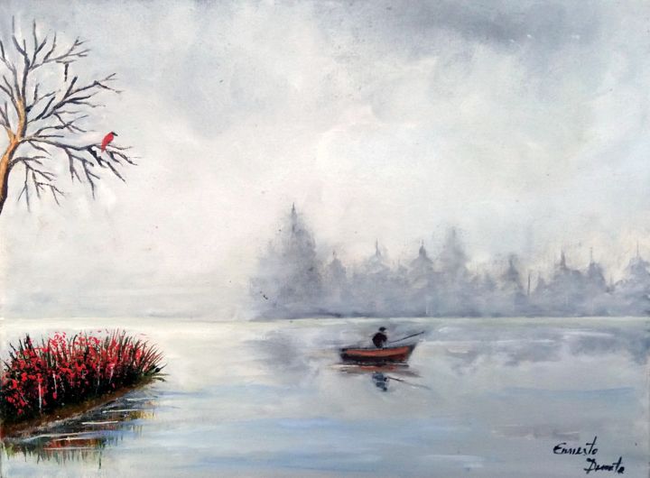Pintura intitulada "Pescando na neblina" por Ernesto Duarte, Obras de arte originais, Óleo Montado em Painel de madeira