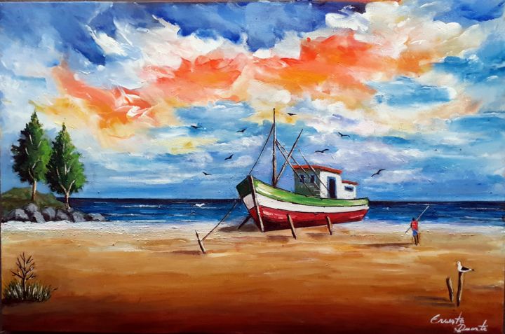 Pintura intitulada "Marina com gaivotas" por Ernesto Duarte, Obras de arte originais, Acrílico