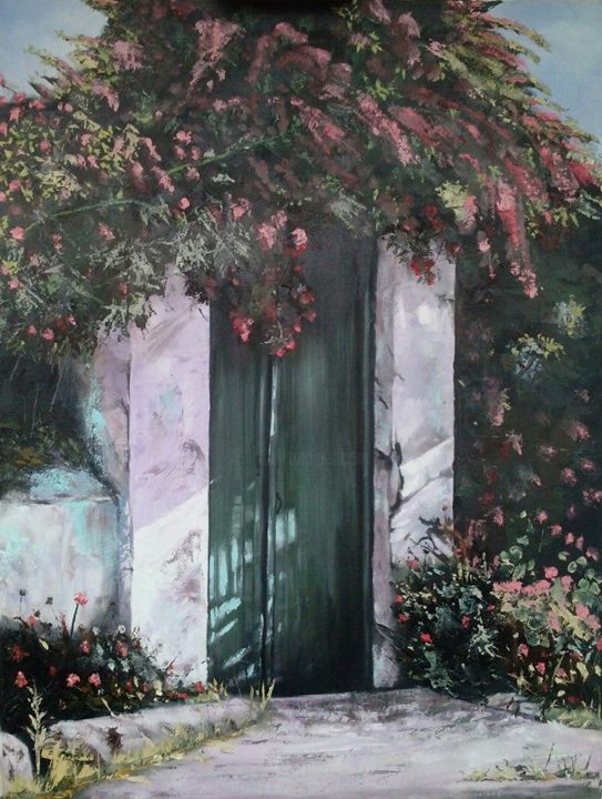 Painting titled "The garden door..." by Erol Yıldırım, Original Artwork, Oil