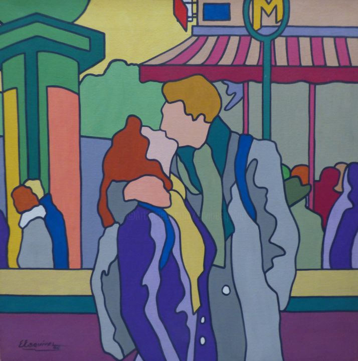 Peinture intitulée "beso en el metro" par Erwin Esquivel C, Œuvre d'art originale, Acrylique