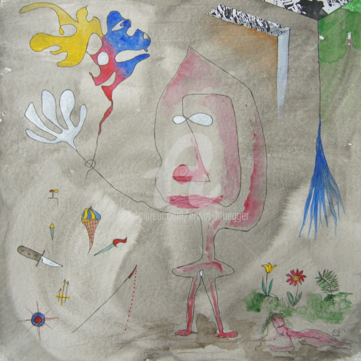 Desenho intitulada "Mädchen mit Spielze…" por Erwin Bruegger, Obras de arte originais, Aquarela