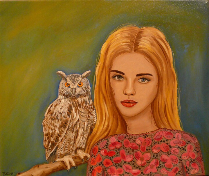 Painting titled "With an owl" by Erzsebet Barna, Original Artwork, Oil Mounted on Wood Stretcher frame