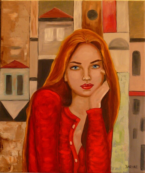 Painting titled "Red cardigan" by Erzsebet Barna, Original Artwork, Oil Mounted on Wood Stretcher frame