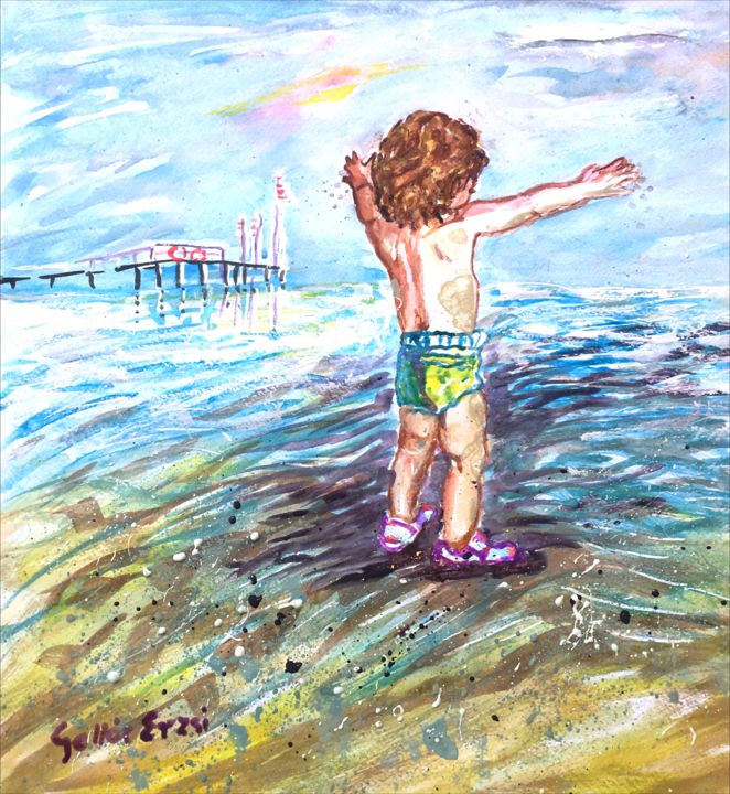 Painting titled "Én és a Földközi-te…" by Erzsi Gellér, Original Artwork, Watercolor