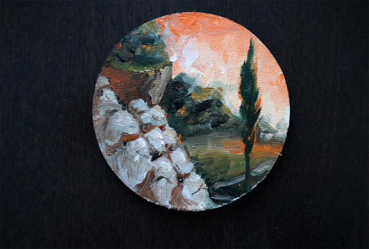 Painting titled "Tiny landscape pain…" by Elizaveta Akimova (Esanglier), Original Artwork, Oil Mounted on Other rigid panel