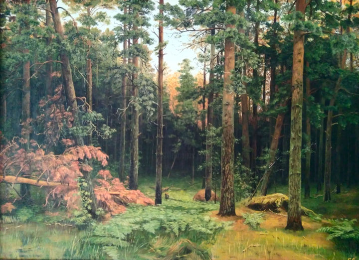 Painting titled "Сосновый лес" by Evgenii Smoliakov, Original Artwork, Oil